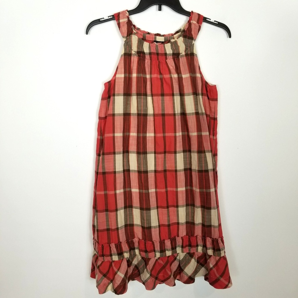 Talbots Women Poplin Sleeveless Summer Dress Sz 6 Red Beige Plaid Cotton Boho